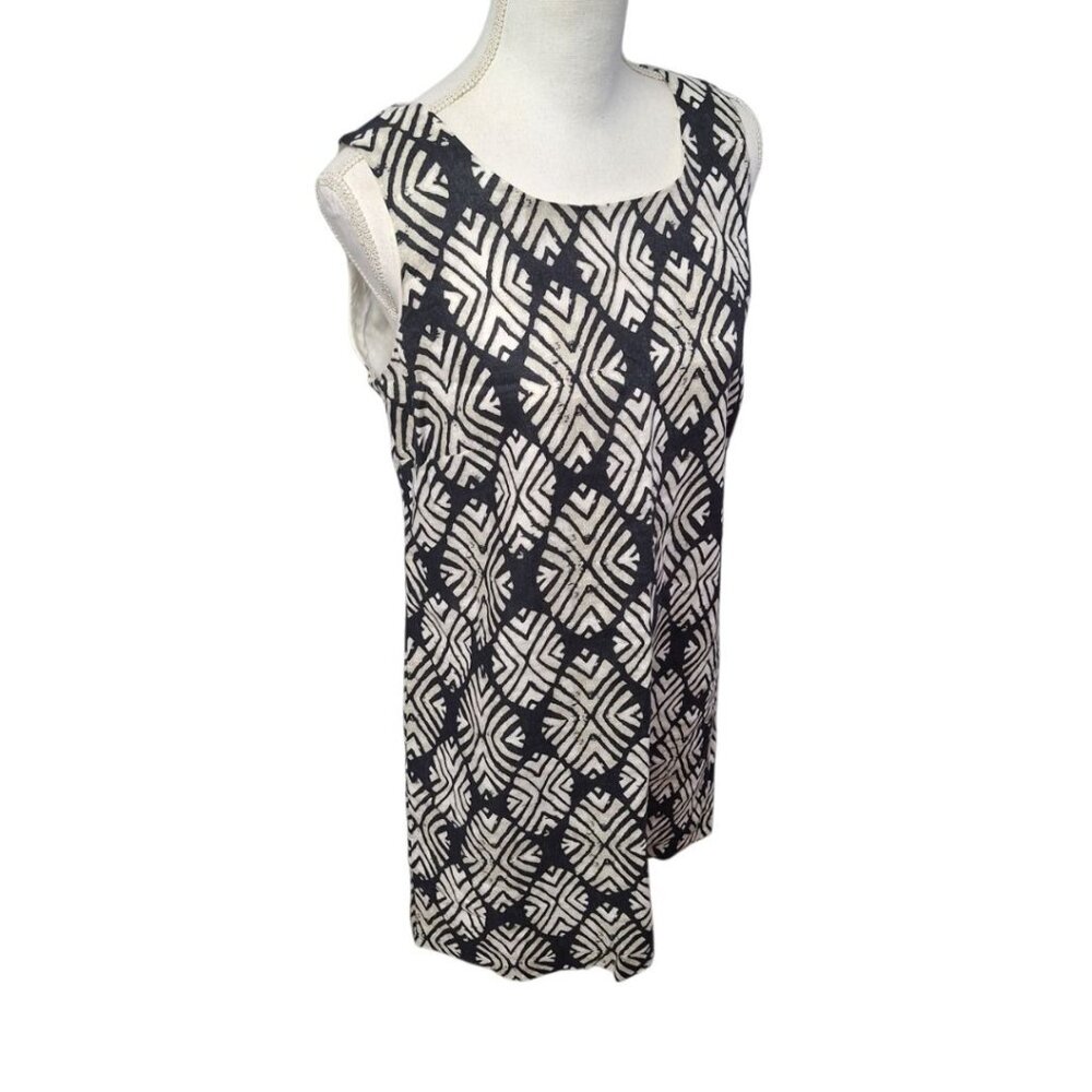 J Jill Linen Dress Sleeveless Black Leaves Tropical Layered Straight Womens 12